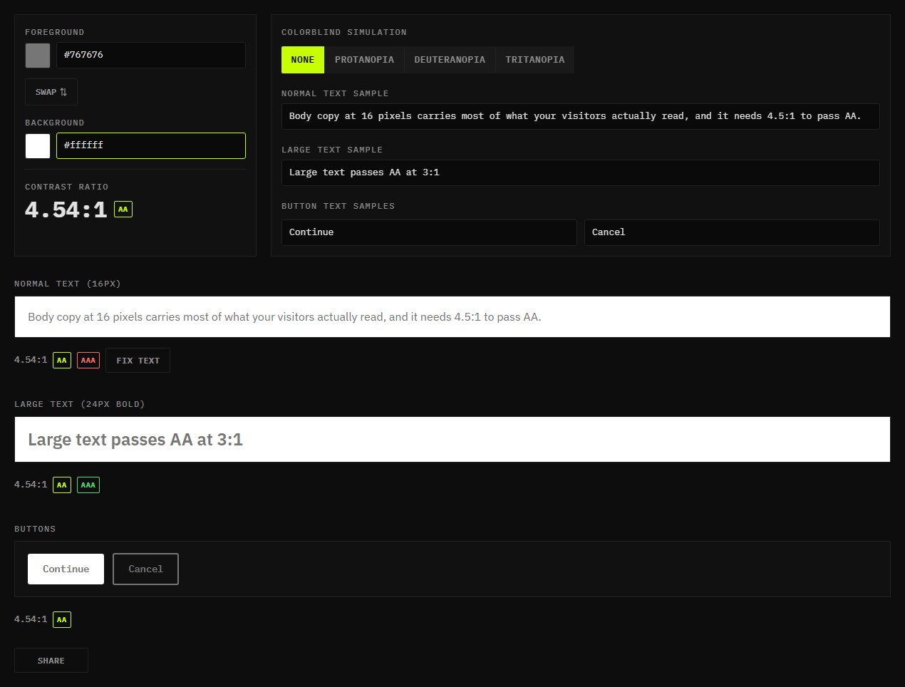 Contrast checker with #767676 text on a #ffffff background showing a 4.54:1 ratio, AA passed and AAA failed for normal text