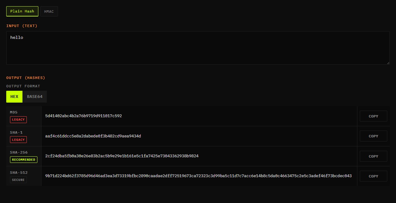 Hash generator with the input hello and its MD5, SHA-1, SHA-256 and SHA-512 digests in hex