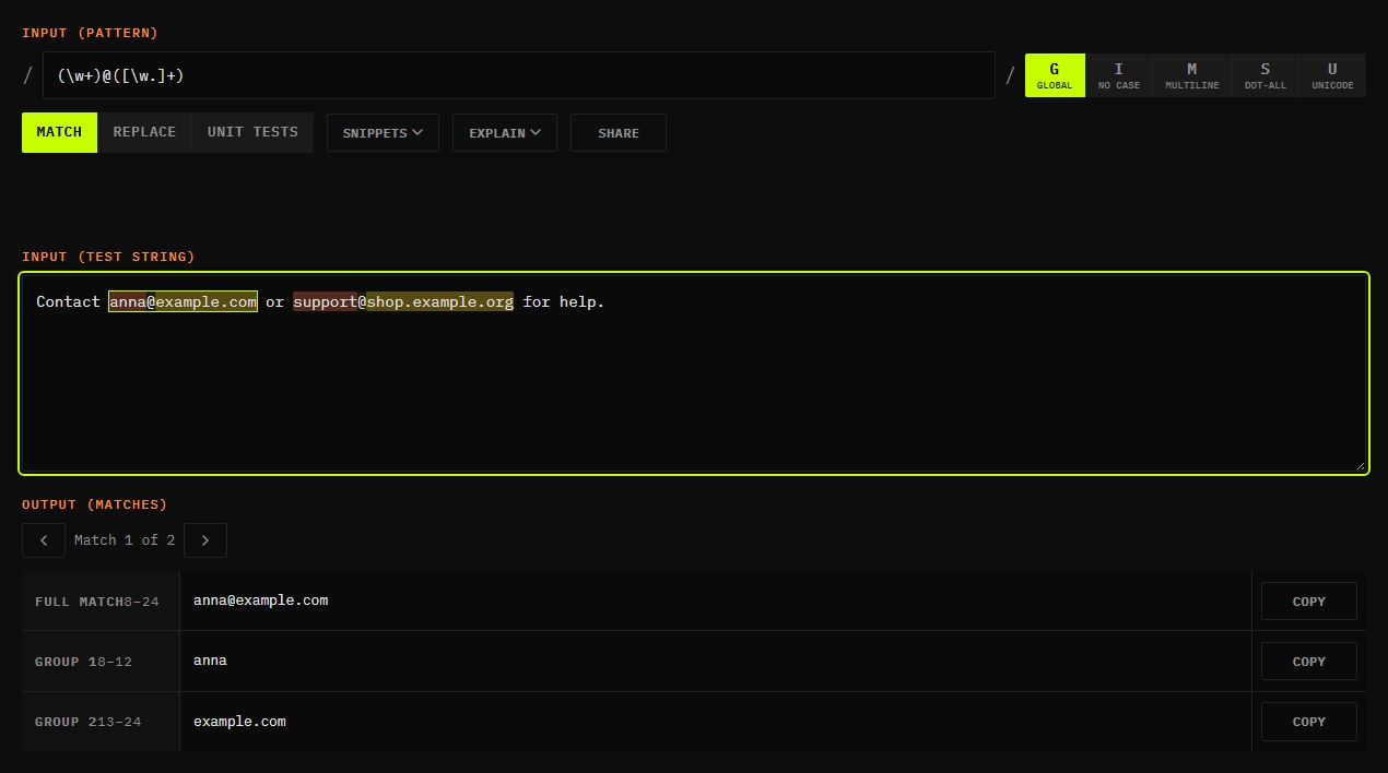 Regex tester with the pattern (\w+)@([\w.]+) matching two email addresses in a test sentence, with capture groups listed