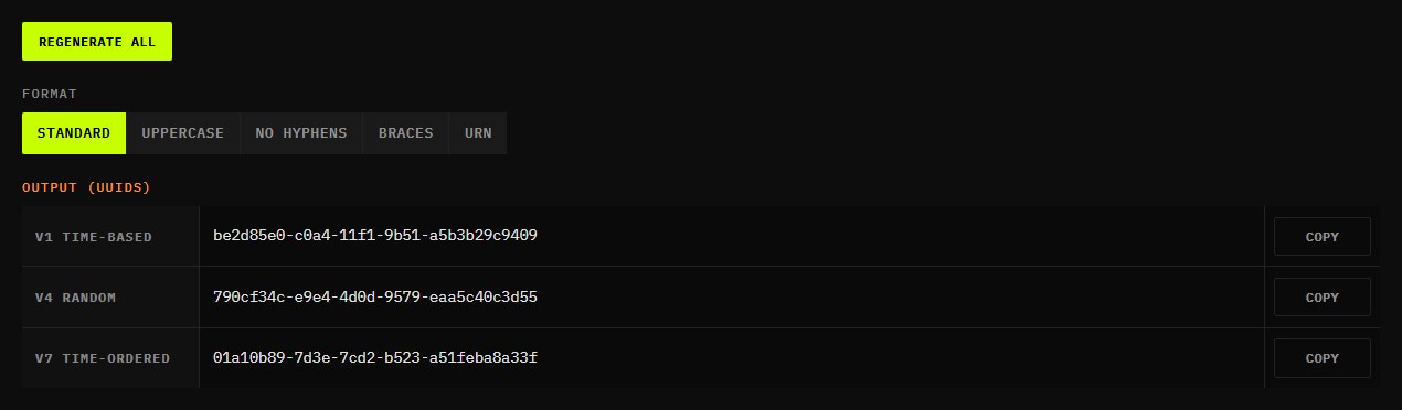 UUID generator showing one version 1, one version 4 and one version 7 UUID in standard hyphenated format