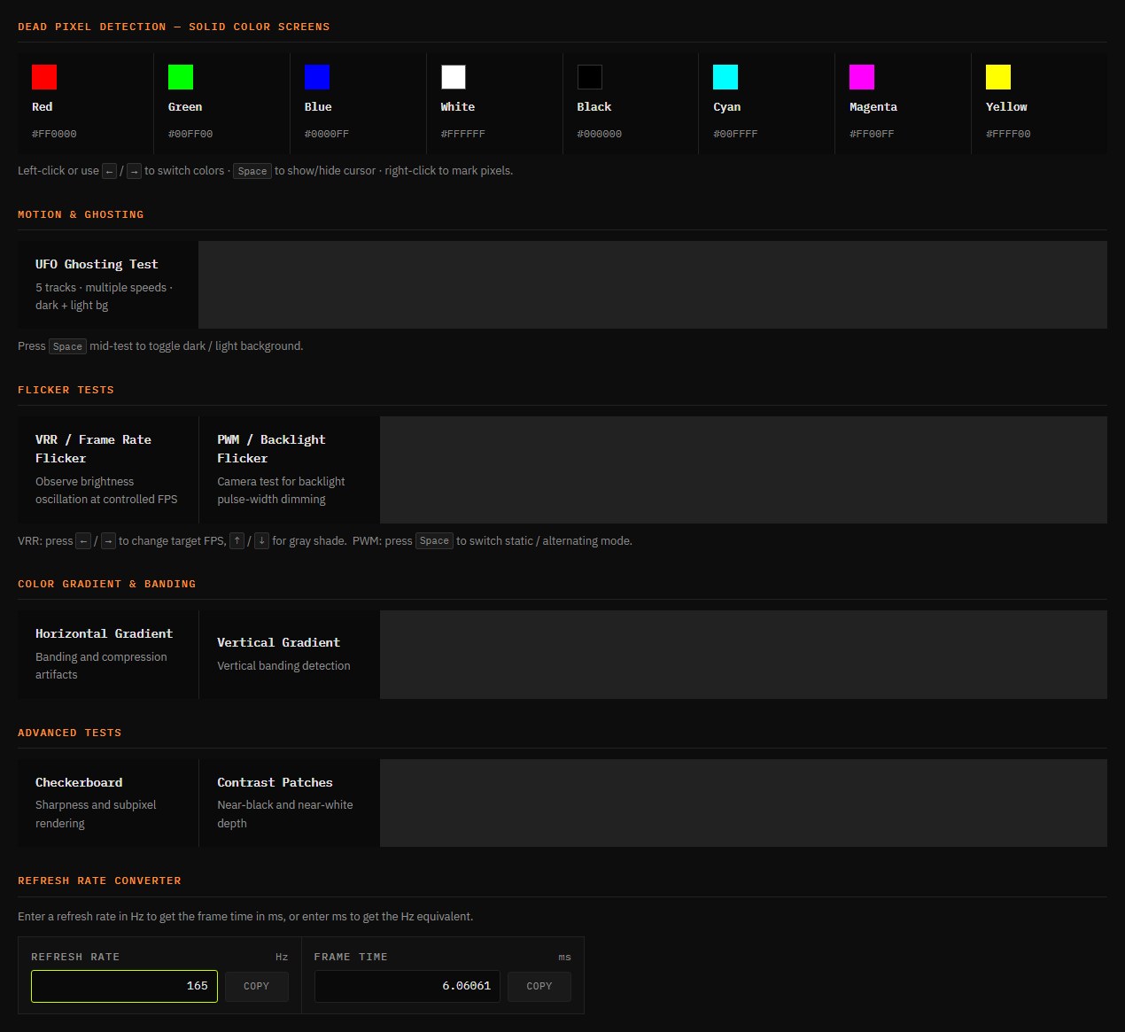 Monitor test menu with eight solid color screens, ghosting, flicker, gradient and advanced tests, and a refresh rate converter showing 165 Hz