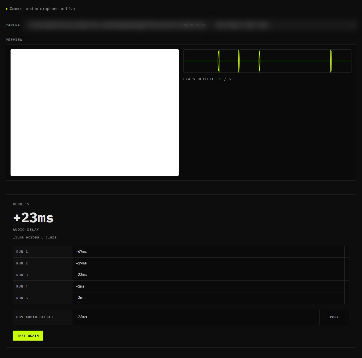 Webcam latency test results showing +23 ms audio delay across 5 detected claps with each run listed and the OBS audio offset
