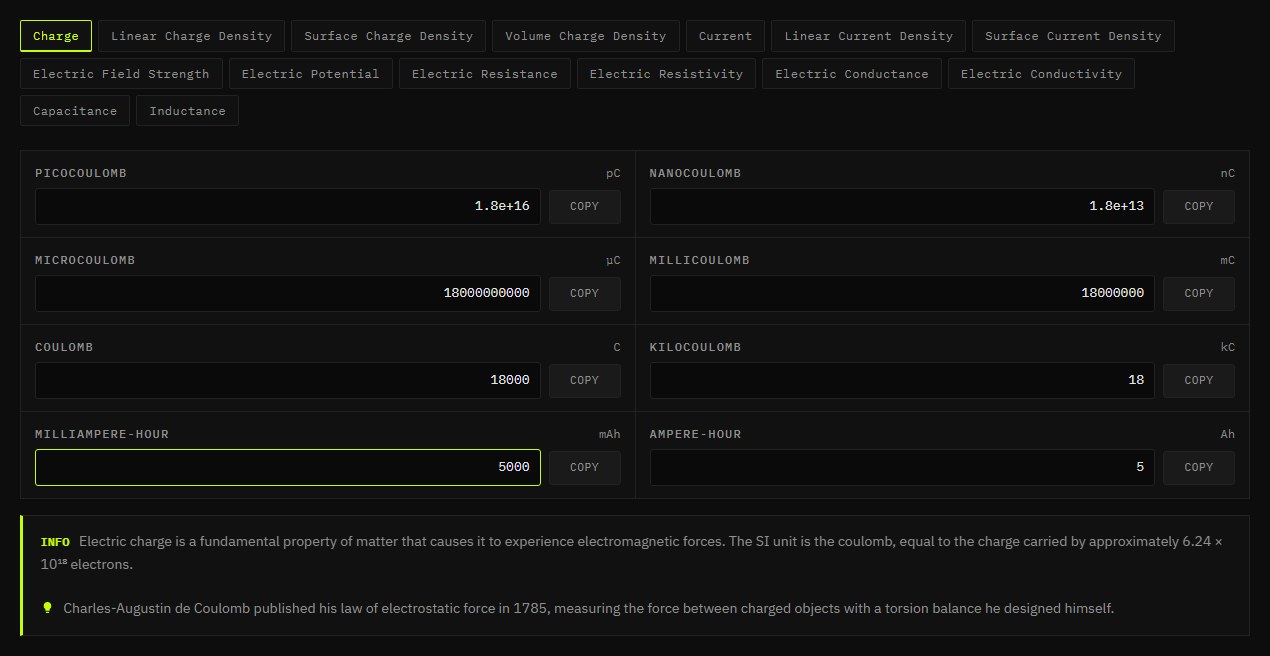 Electricity unit converter on the Charge tab with 5000 mAh converted to coulombs and other charge units