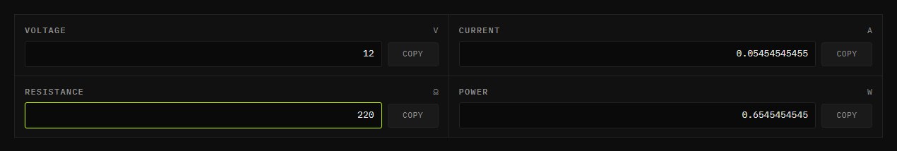 Ohms law calculator with 12 volts and 220 ohms entered, solving current and power