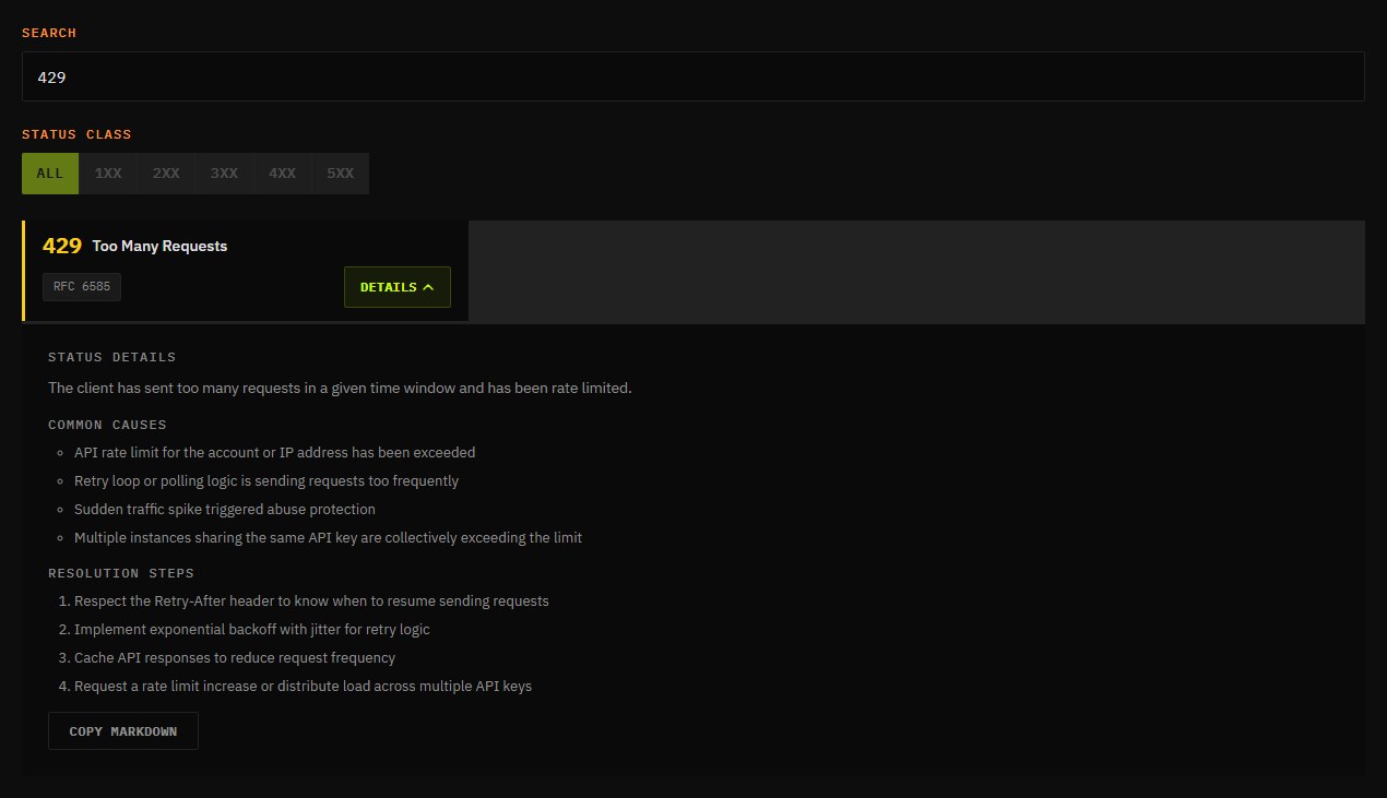 HTTP status reference filtered to 429 Too Many Requests with its details expanded showing causes and resolution steps