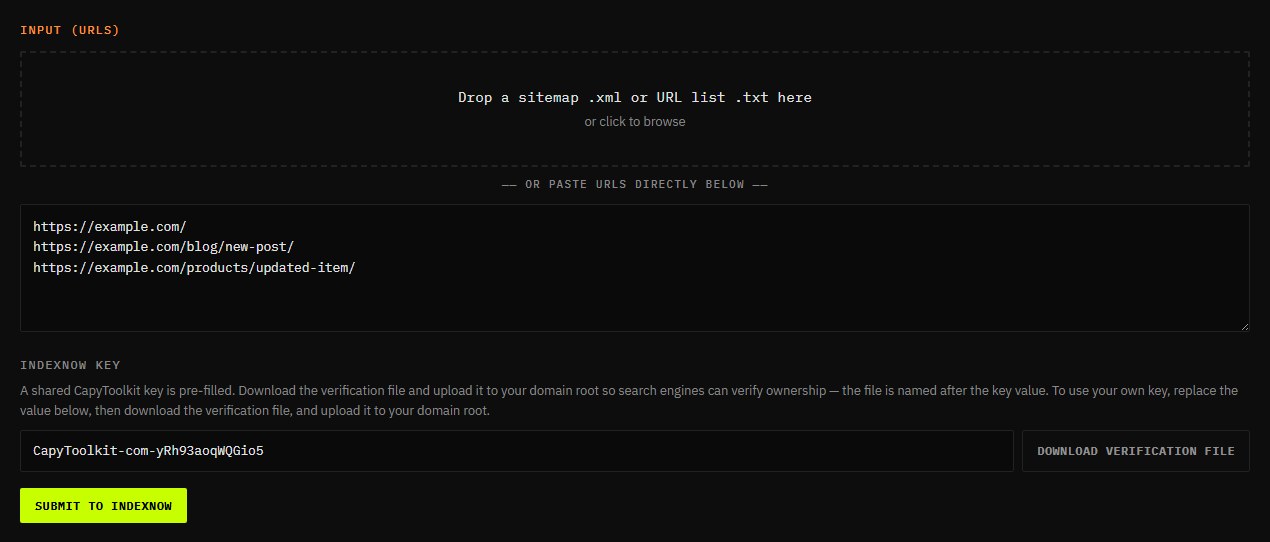 IndexNow submitter with three example URLs pasted in and the shared CapyToolkit key pre-filled