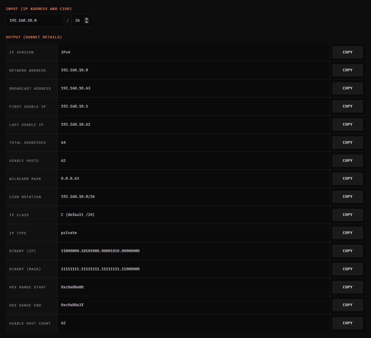 Subnet calculator for 192.168.10.0/26 showing network, broadcast, usable range, host count, masks and binary forms