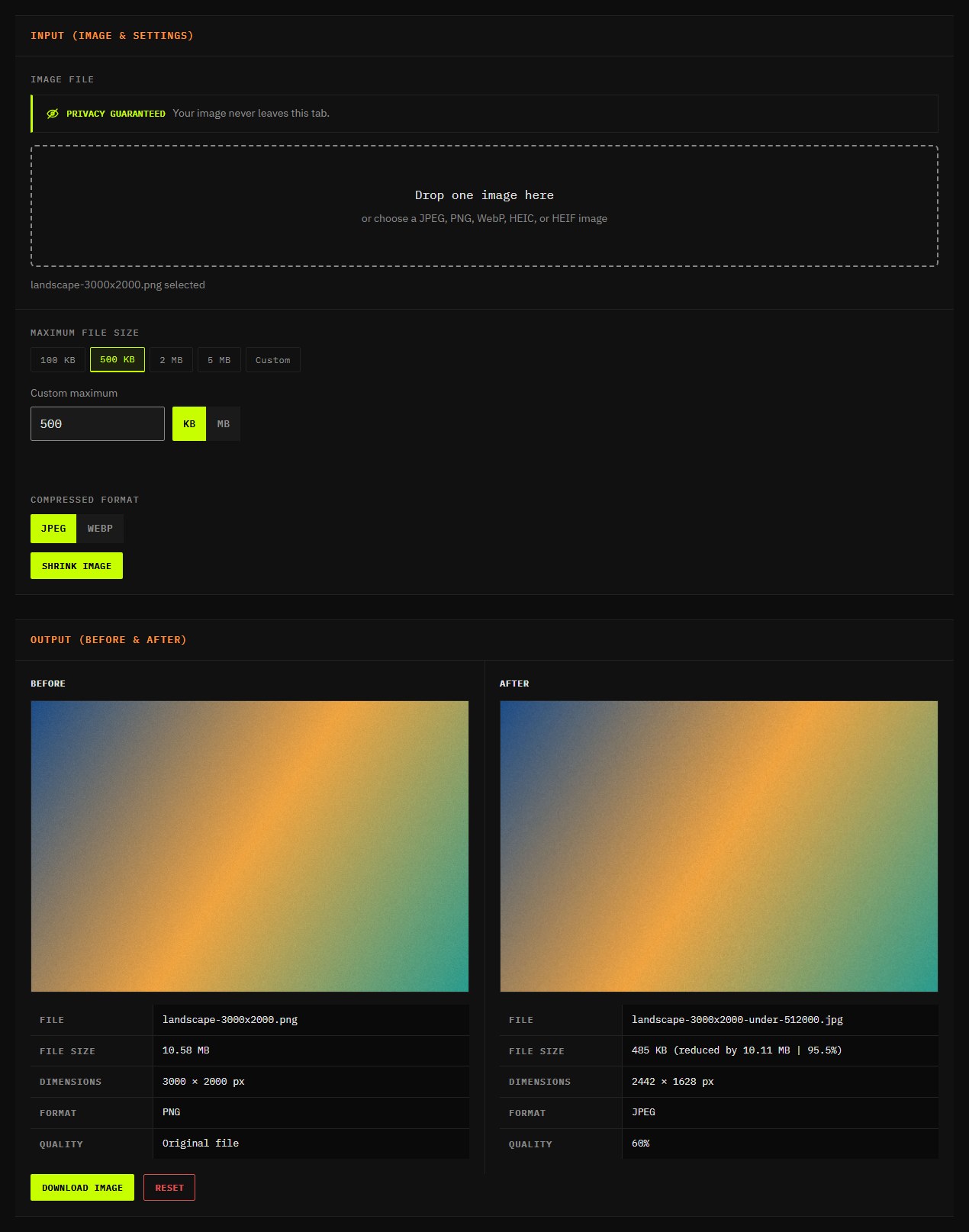 Image shrink tool reducing a 10.58 MB 3000 by 2000 PNG to a 485 KB JPEG at 2442 by 1628 pixels under a 500 KB limit