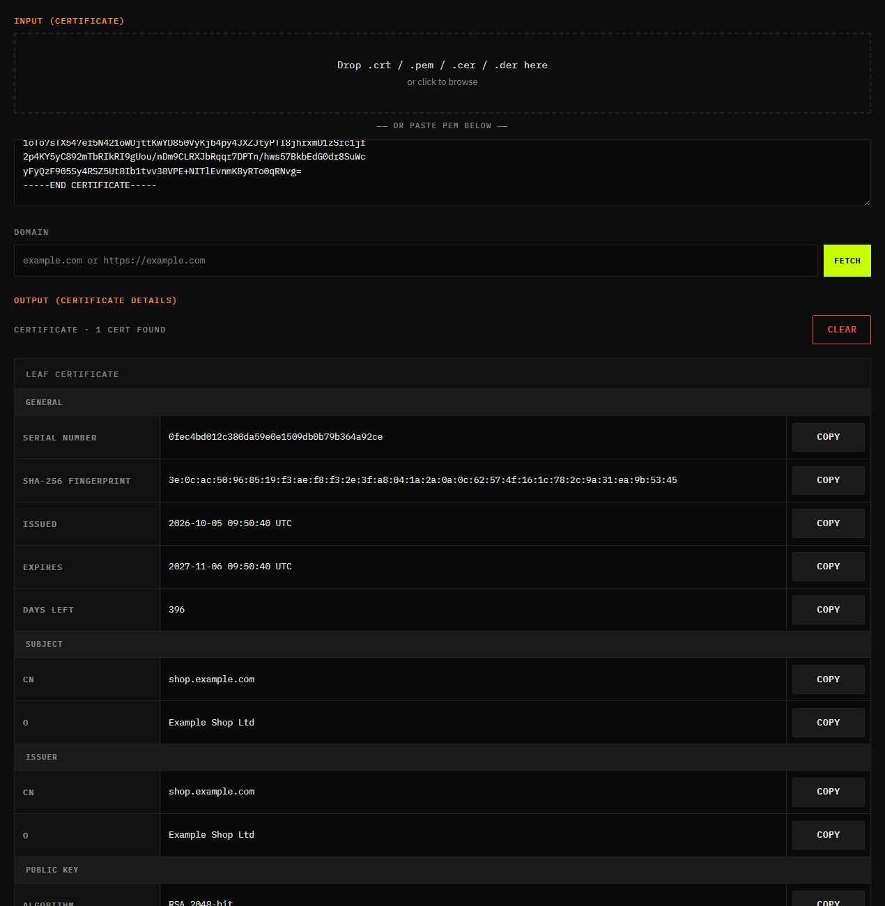 Certificate inspector showing a self-signed shop.example.com certificate with serial number, fingerprint, validity dates and 396 days left