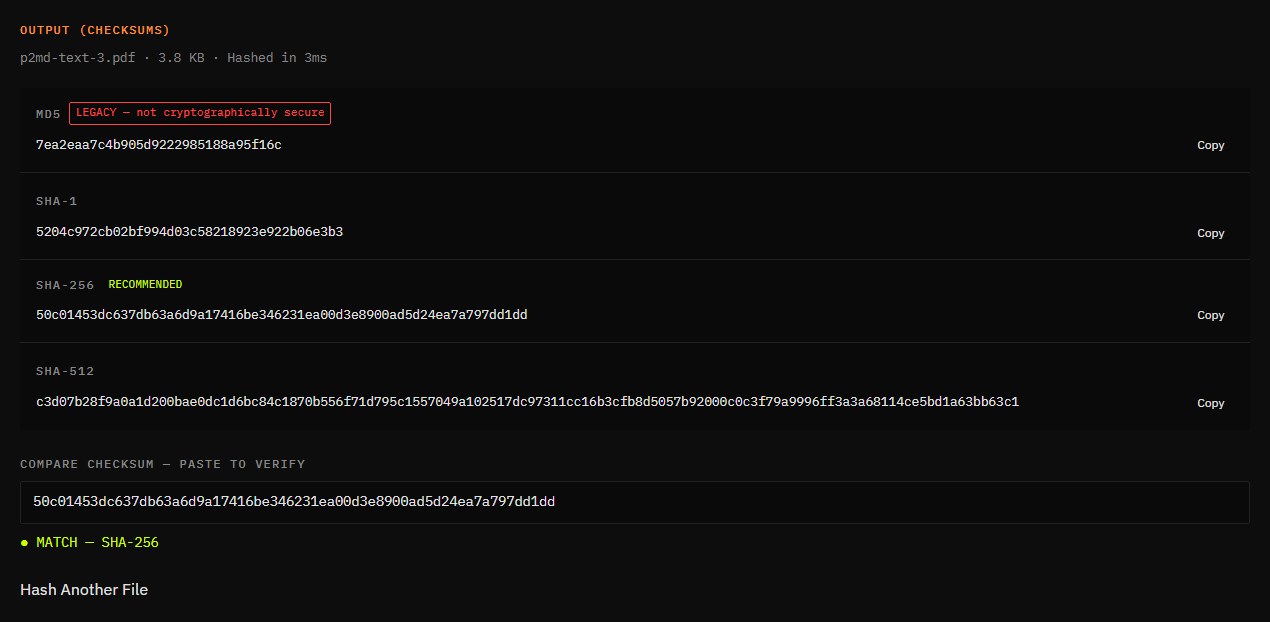 Hash verifier with MD5, SHA-1, SHA-256 and SHA-512 checksums for a 3.8 KB PDF and a pasted SHA-256 value reported as a match