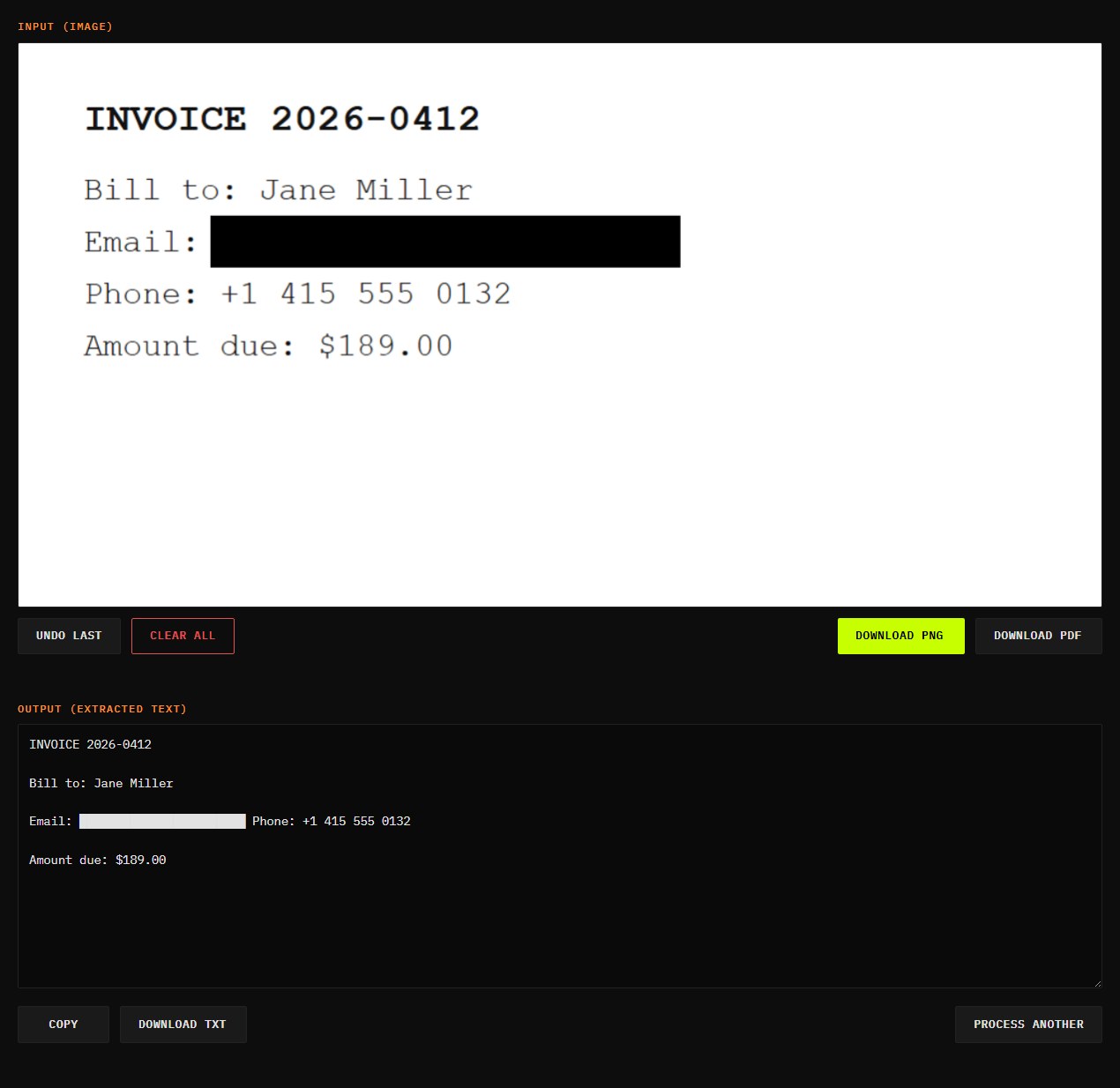 OCR redactor with a black box drawn over the email address on a sample invoice, and the extracted text showing the address removed